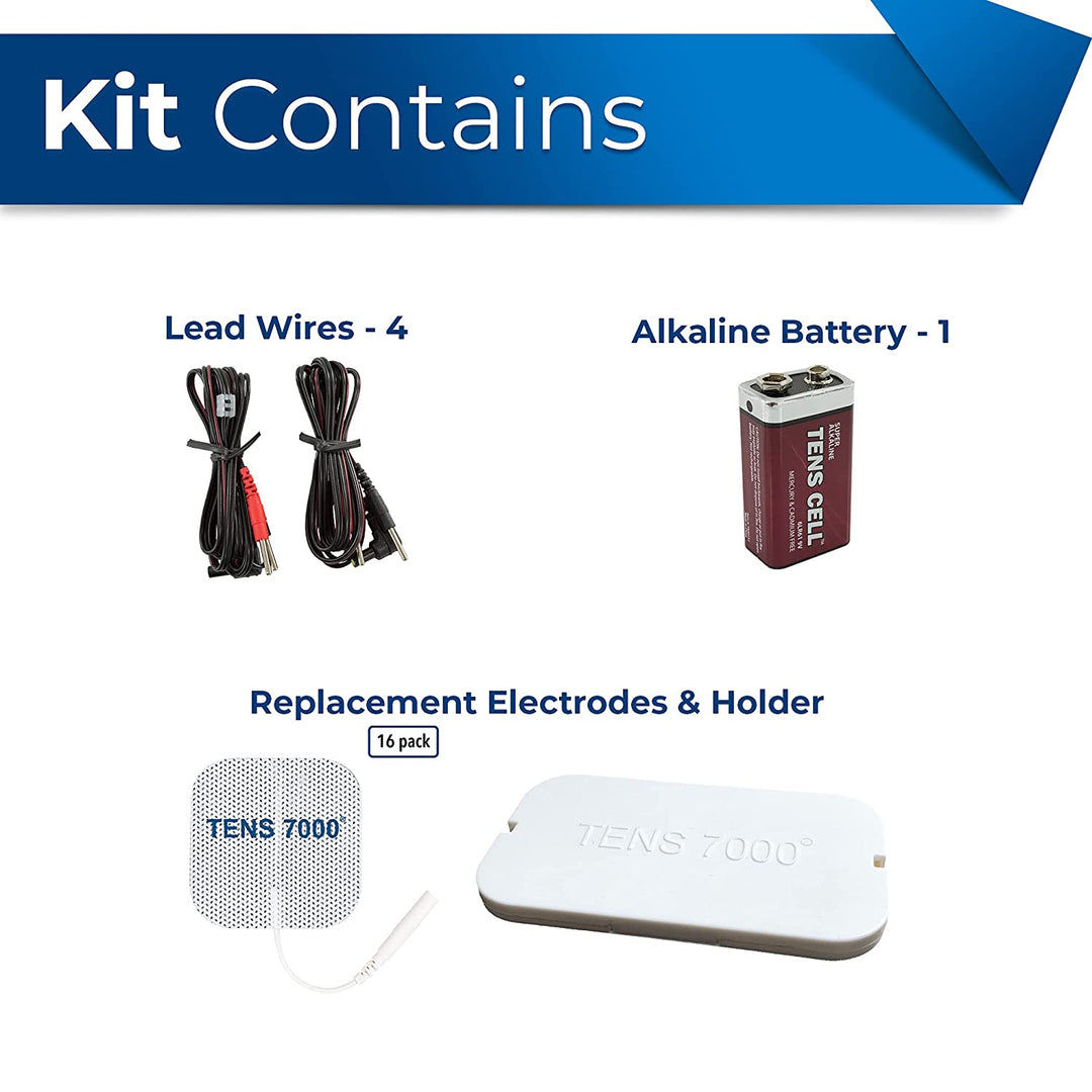Kit contains 4 lead wires, 1 battery, 16 electrodes, and electrode holder