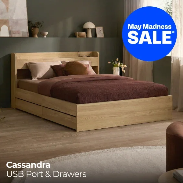 Natural Cassandra Bed with USB Port & Drawers