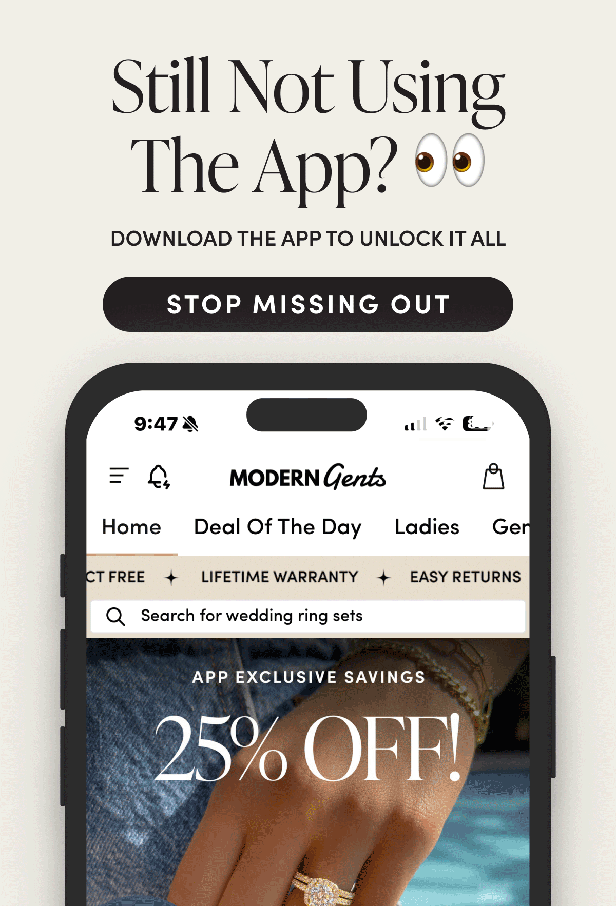 Text promoting app download with a 25% off offer and features like lifetime warranty and easy returns.