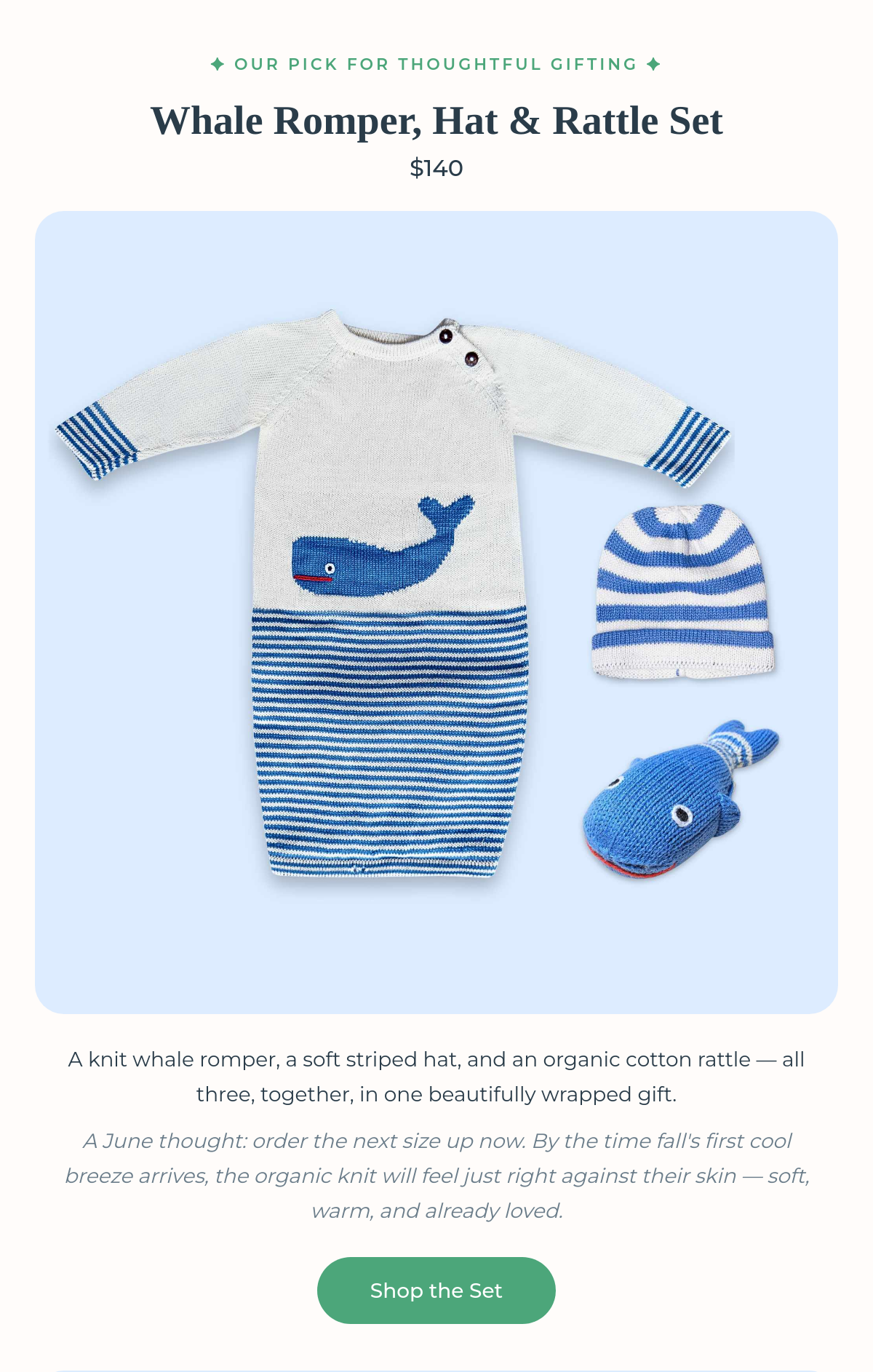 Whale Romper, Hat & Rattle Set flatlay showing all items