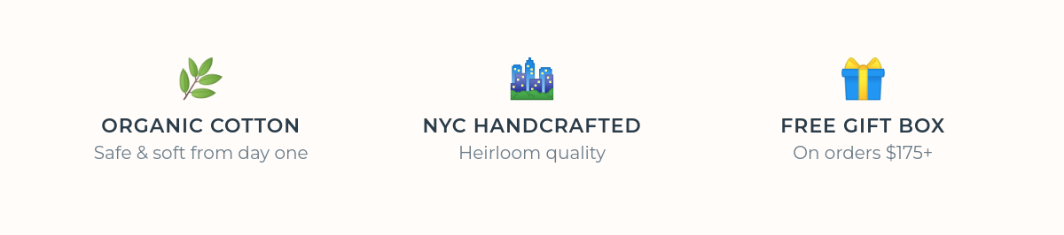Estella brand trust badges: organic cotton, NYC handcrafted, free gift box