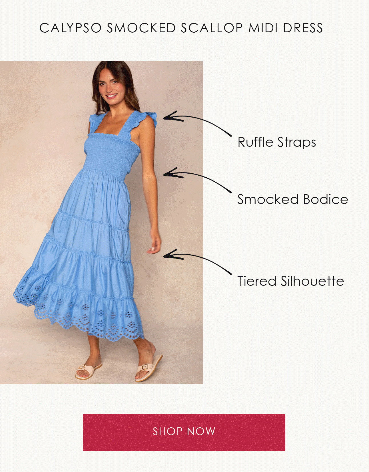 CALYPSO SMOCKED SCALLOP MIDI DRESS