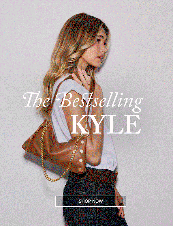 The Bestselling Kyle. CTA: Shop. Model in white top with Kyle sml in mahgany pebble brushed gold red zip on.