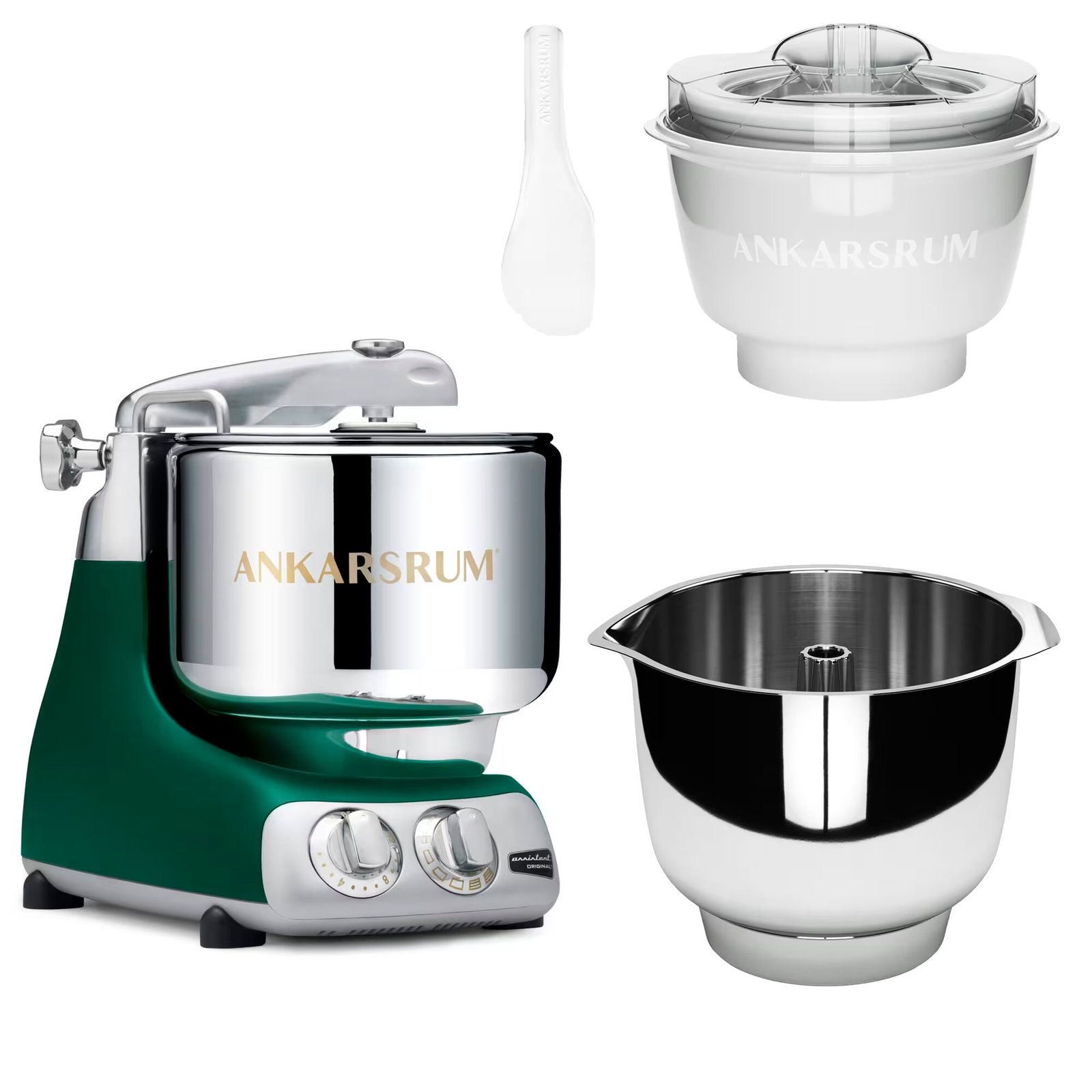 Ankarsrum Assistent Original AKM 6230 kjøkkenmaskin med iskremtilbehør og ekstra vispeskål, forest green