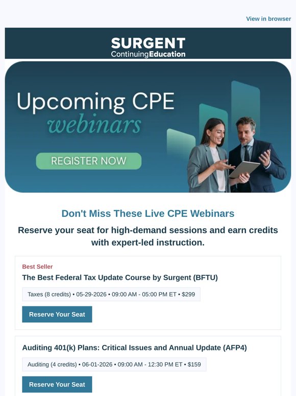 Upcoming CPE: Live Webinars & Self-Study Picks