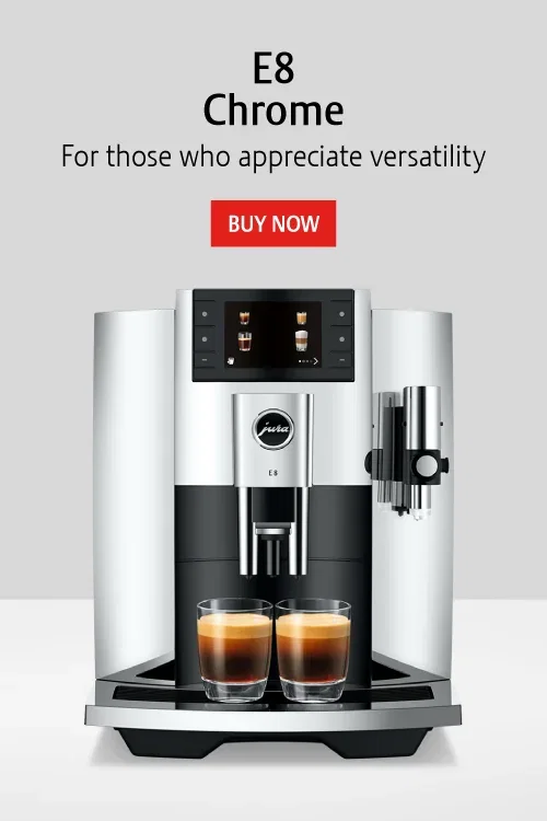 JURA E8 Fully Automatic Coffee Machine with Coffee on Cup Platform