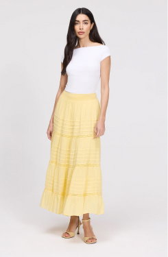 Imani Yellow Cotton Lace Tiered Midi Skirt