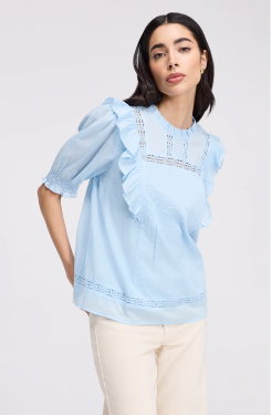 Jolin Pale Blue Lace Cotton Puff Sleeve Top
