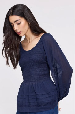 Jennie Navy Cotton Lace Blouson Sleeve Top