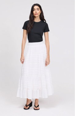 Imani White Cotton Lace Tiered Midi Skirt