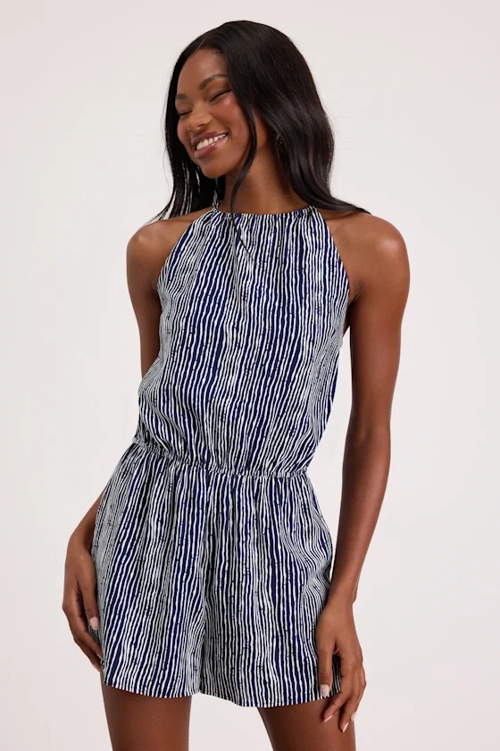 Image of Amadora Navy Striped Halter Romper