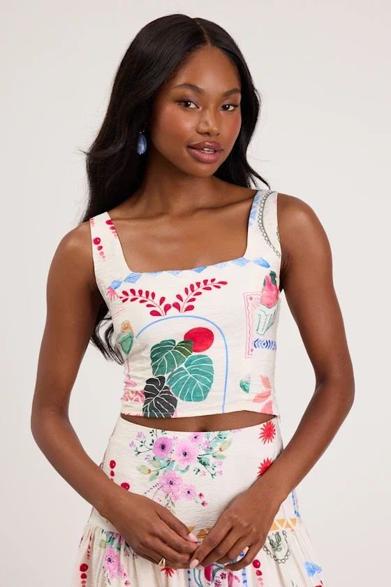 Image of Fabella White Multi Print Textured Tank Top