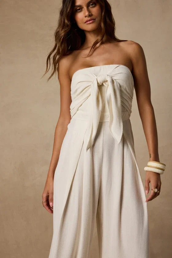 Image of Wylda Light Beige Linen Tie-Front Jumpsuit