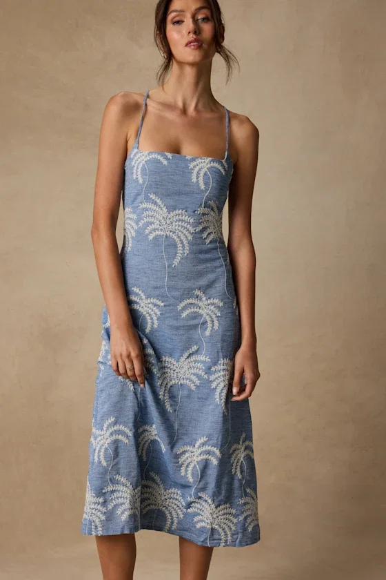 Image of Destin Light Blue Embroidered Lace-Up Midi Dress