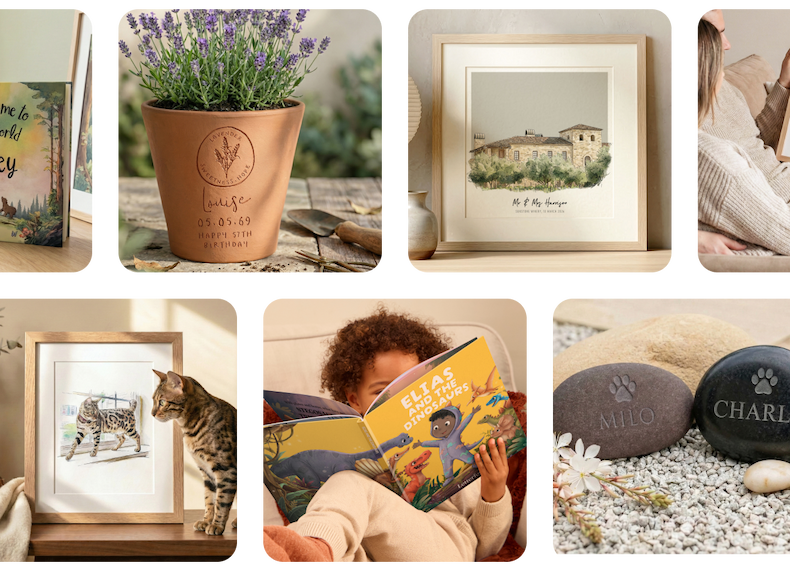  A selection of personalised Letterfest gifts including an engraved terracotta pot with lavender, a framed watercolour illustration of a country house, a framed cat portrait, a child reading a personalised illustrated book, and two engraved pet pebbles