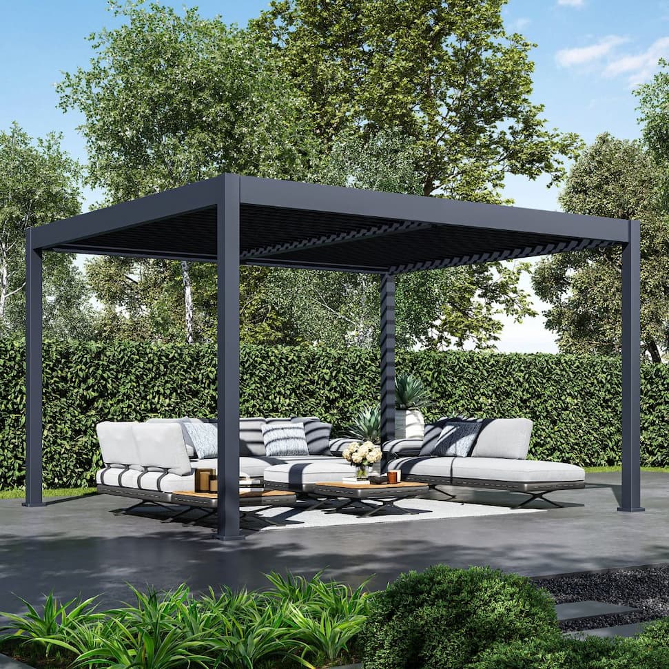 Grand Tuscan 12x14 pergola in lush backyard