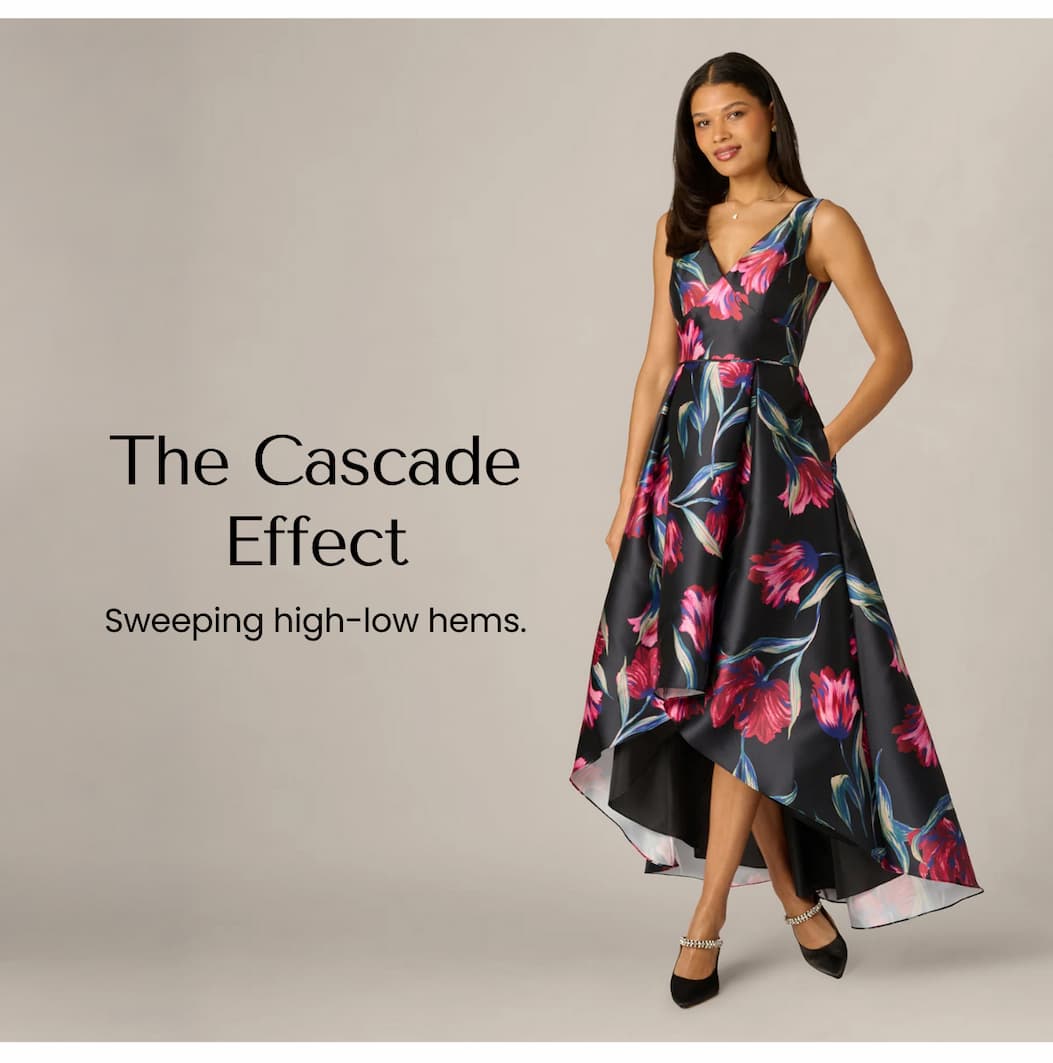 Floral Print Mikado High Low Gown In Black Multi