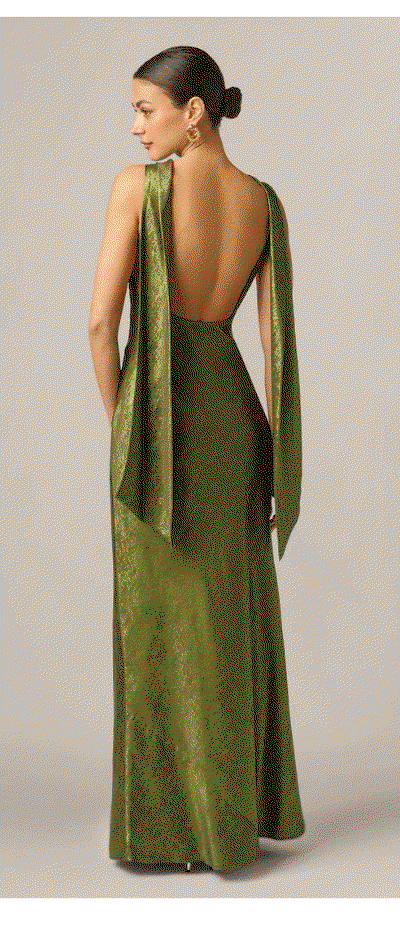 Foil Chiffon Cowled Scarf Halter Gown In Dark Olive