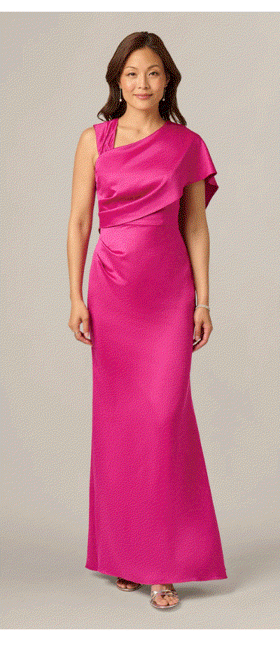 Asymmetrical Draped Satin Cape Gown In Berry Rose