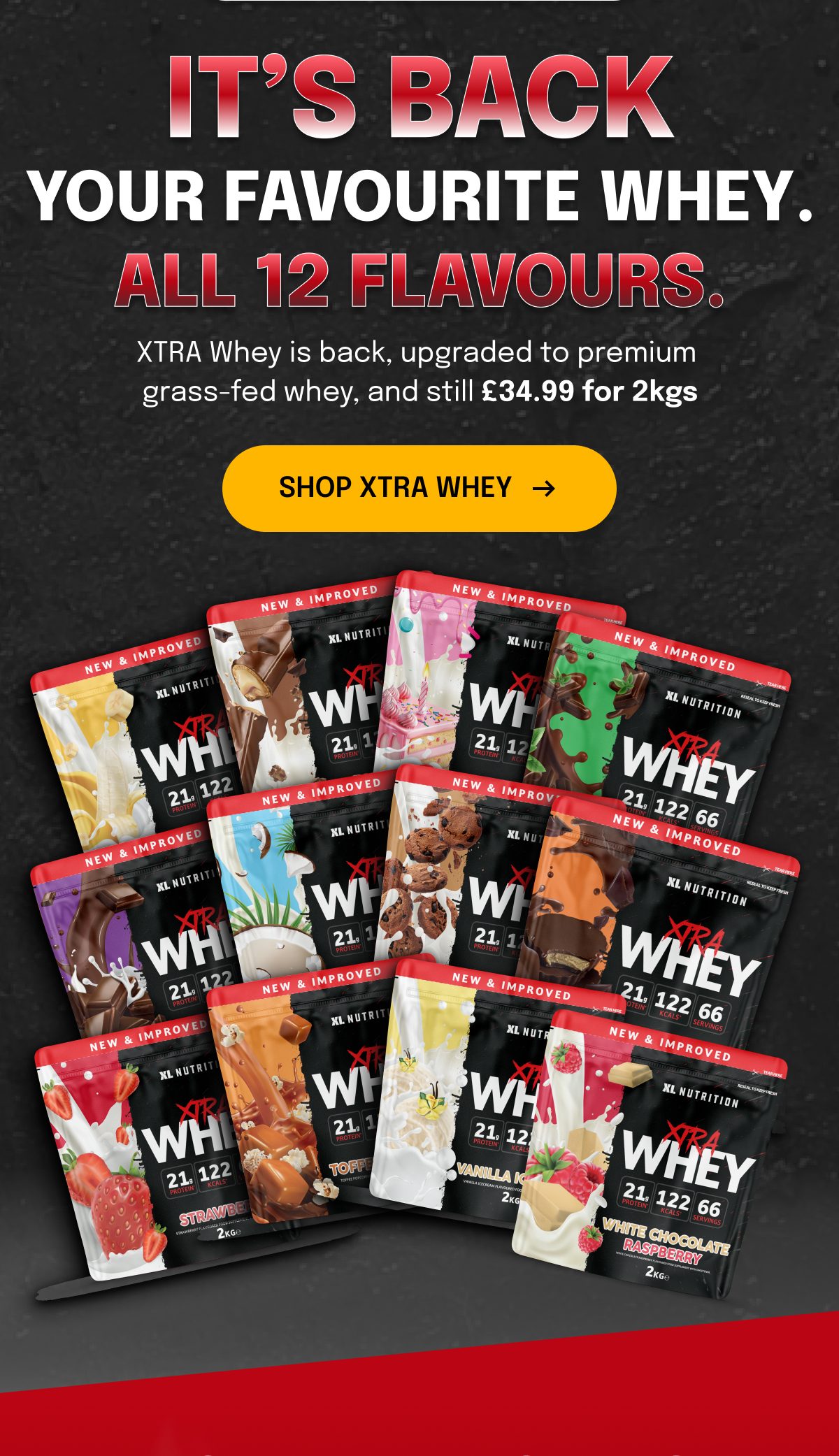 XTRA Whey protein flavors displayed in colorful packaging, with a price of £34.99 for 2kg.