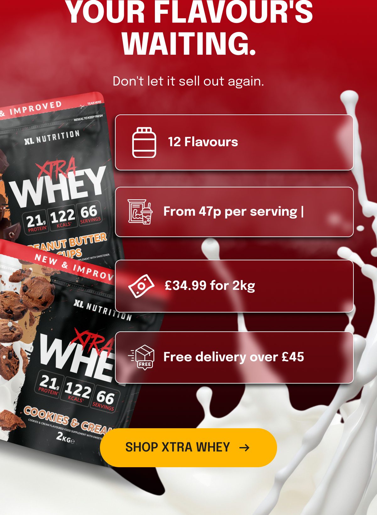 12 flavours, from 47p per serving, £34.99 for 2kg, free delivery over £45.