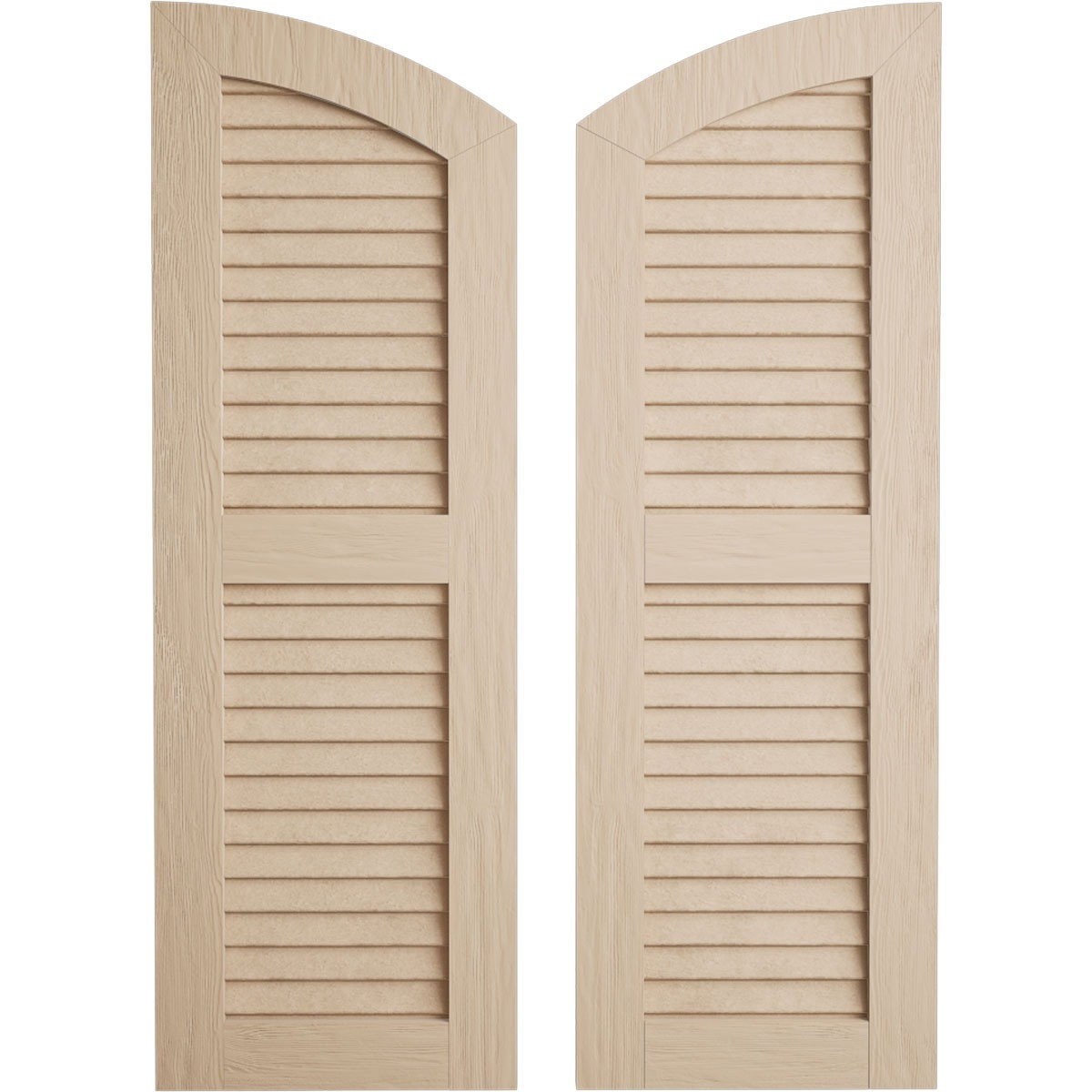 Image of Timberthane Faux Wood Shutters Equal Louver w/ Elliptical Top, Primed Tan, Sold As Pair