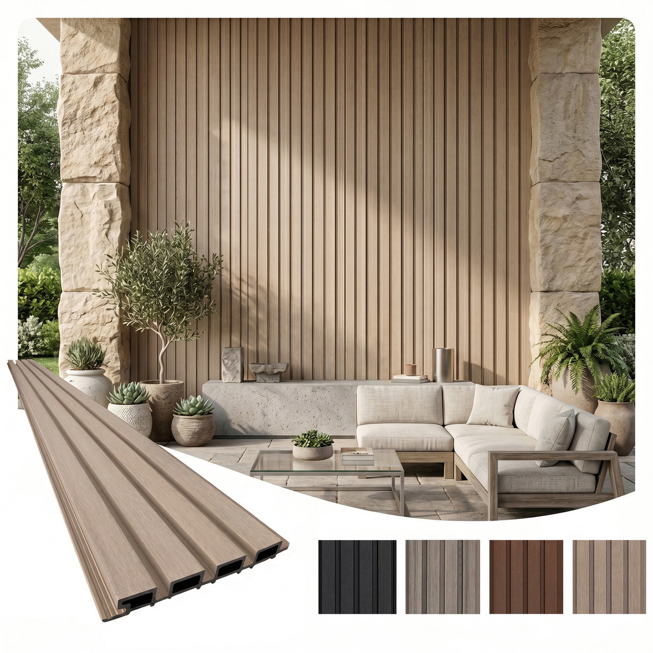 Image of Linear WPC Exterior Wall Slat Siding and Cladding Panels 114 in x 8.62 in - Cream - Pack