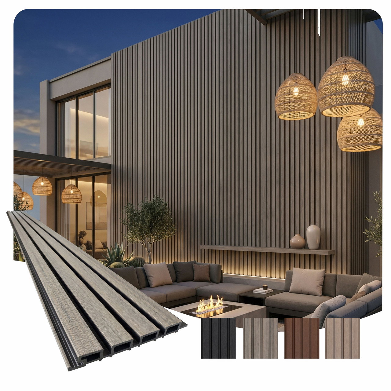 Image of Linear WPC Exterior Wall Slat Siding and Cladding Panels 114 in x 8.62 in - Ancient Wood and Black - Pack