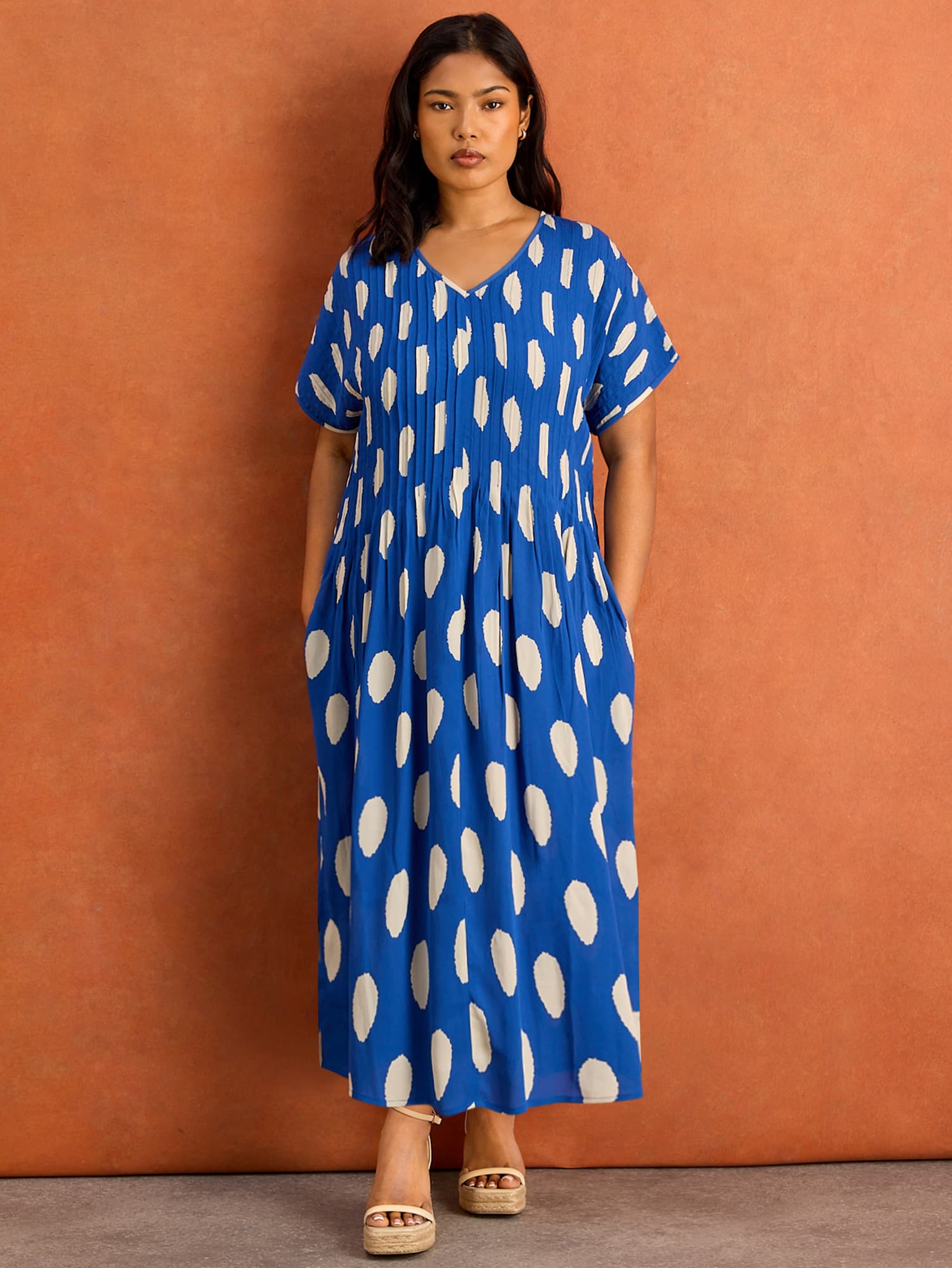 Blue Spot Print Pleated Midi Dress