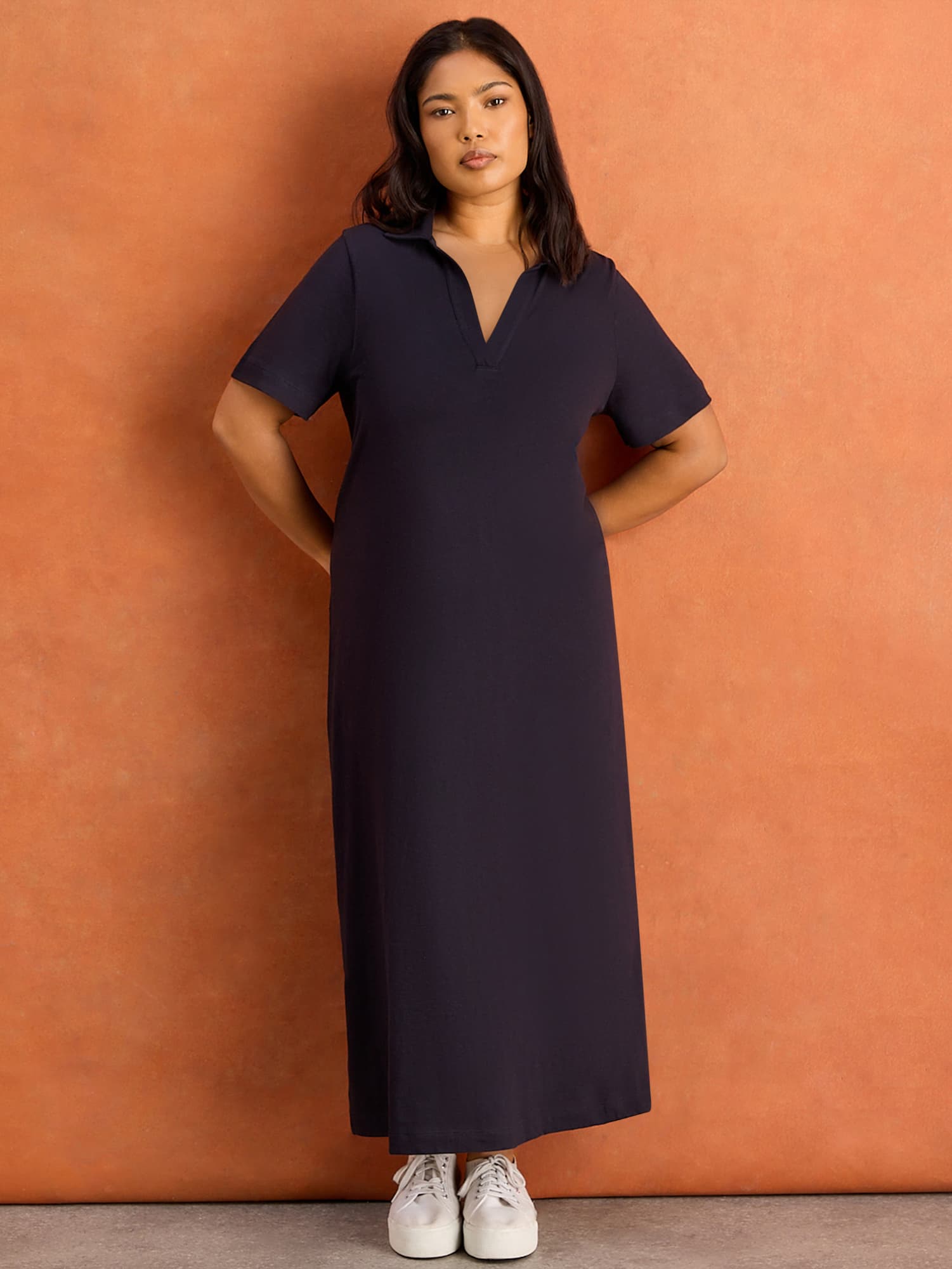 Navy Slub Jersey Polo Collared Midi Dress