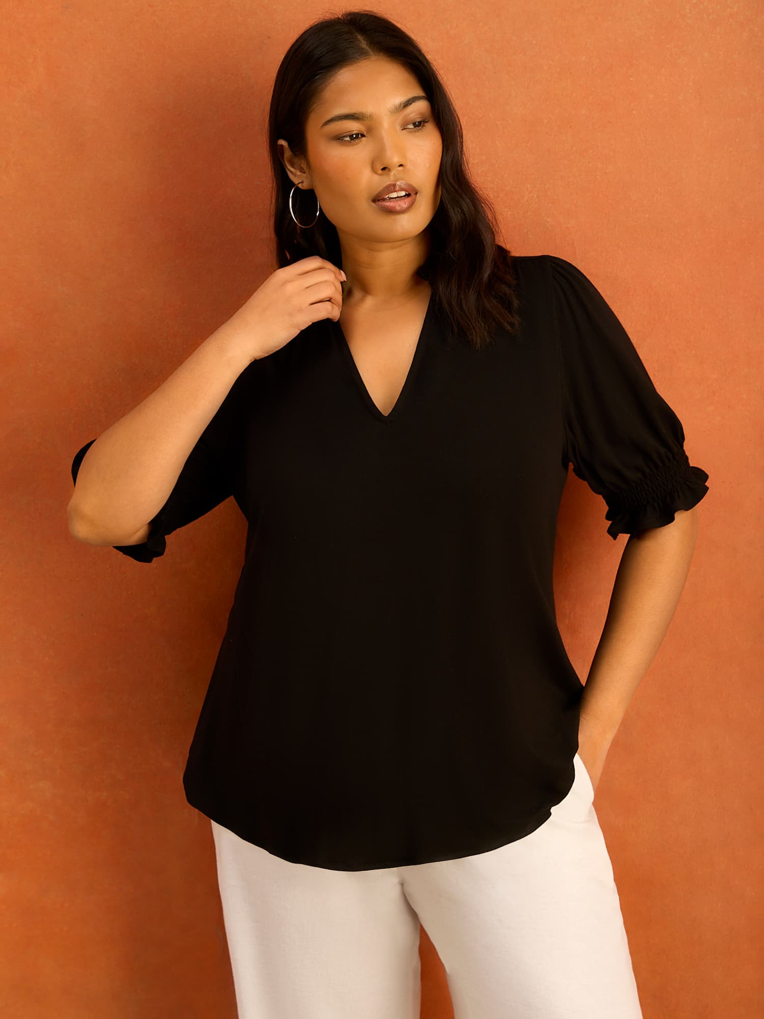 Black Jersey Shirred Sleeve V-Neck Top