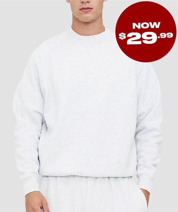 Heavyweight Raglan Crew Neck Sweat in Snow Marle. Now $29.99.