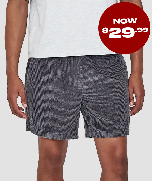 Jumbo Cord Shorts in Charcoal. Now $29.99.