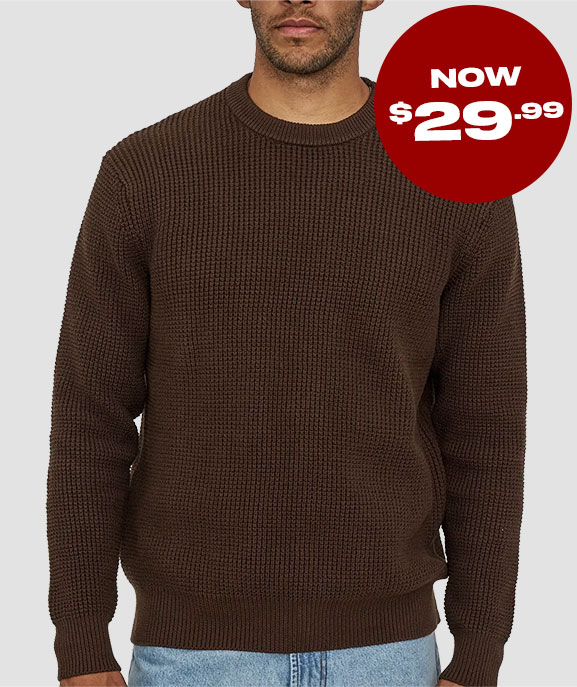 Heavyweight Waffle Crew Knit Jumper in Chocolate. Now $29.99.