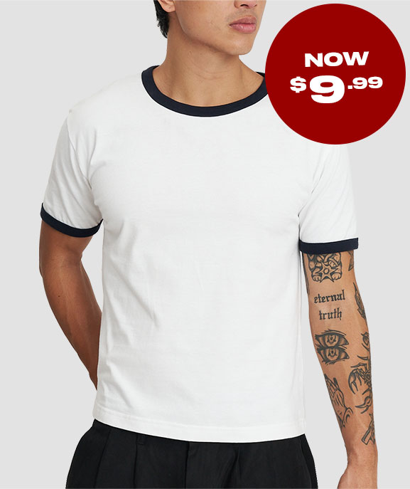 Ringer Baby Fit T Shirt in Blanc. Now $9.99.