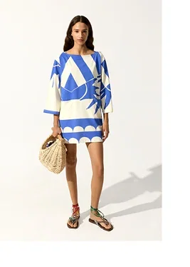 Printed dress with boat neck 100% cotton