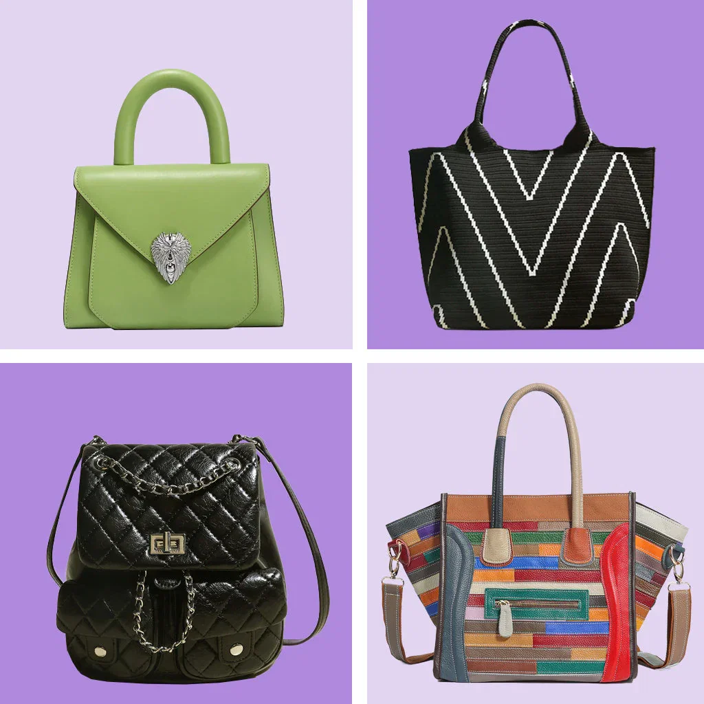 Cilela handbag collection featuring four styles: lime green structured top-handle, black geometric tote, quilted black backpack, and colorful striped satchel.