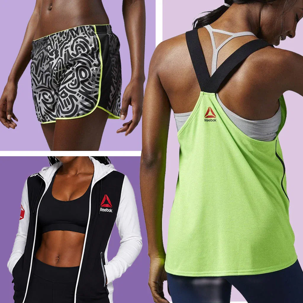 Reebok athletic apparel collection featuring patterned shorts, sports bra, and neon green tank top on purple background.