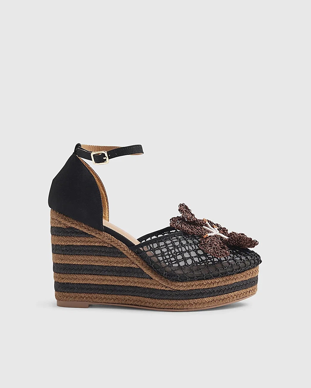 Womens Black Closed Toe Flower Wedges