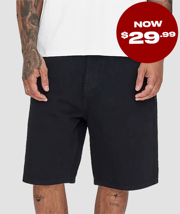 Relaxed Fit Denim Shorts in Jet Black. Now $29.99.