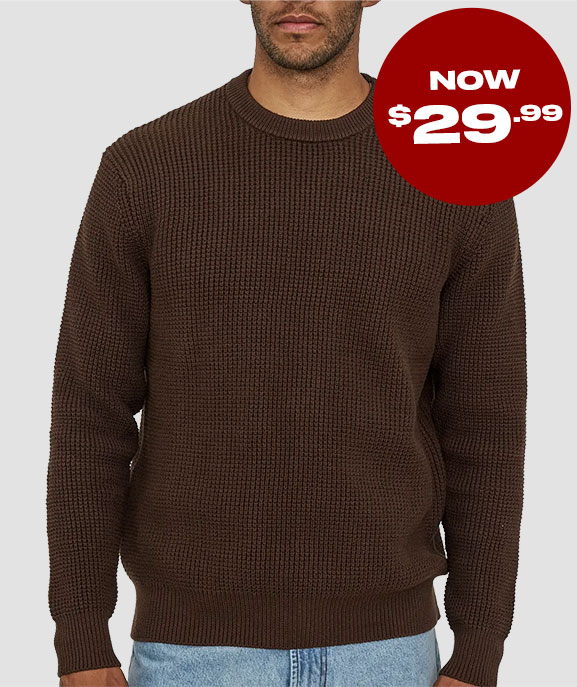 Heavyweight Waffle Crew Knit Jumper in Chocolate. Now $29.99.