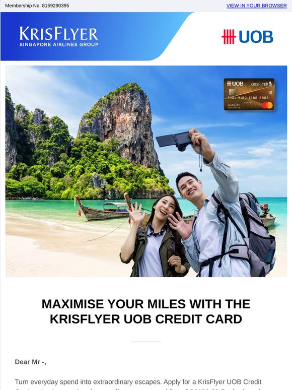 Apply now and maximise your miles with the KrisFlyer UOB Credit Card!