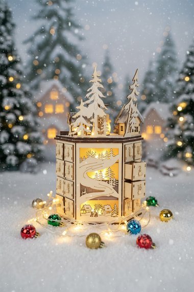 LED Rotating Countdown Calendar Wooden Music Box for Christmas