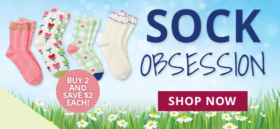 A banner promoting buy 2 and save on socks at Potpourri Gift featuring 4 colorful socks and a shop now button.