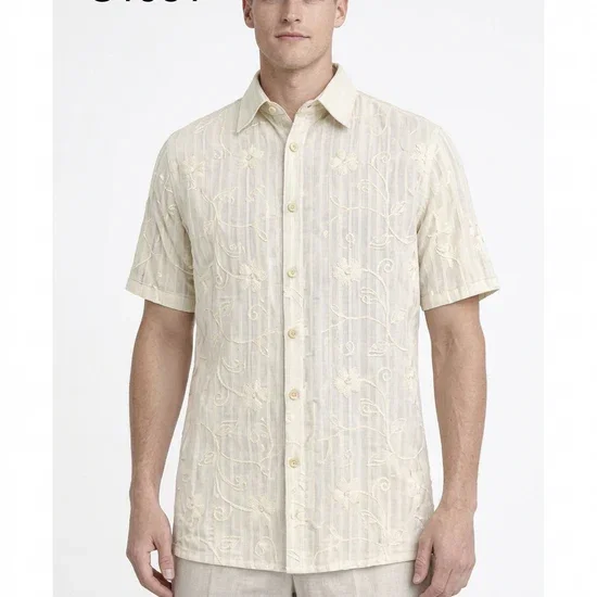 Men’s Cream Abstract Stripe Walking Suit Set – 2 Piece Short Sleeve Casual Outfit