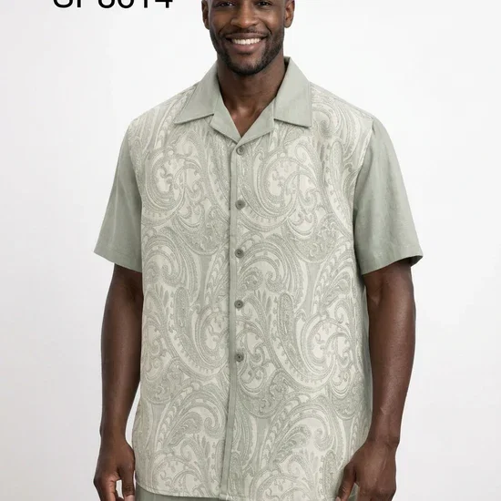 Men’s Sage Paisley Walking Suit Set – 2 Piece Short Sleeve Casual Outfit