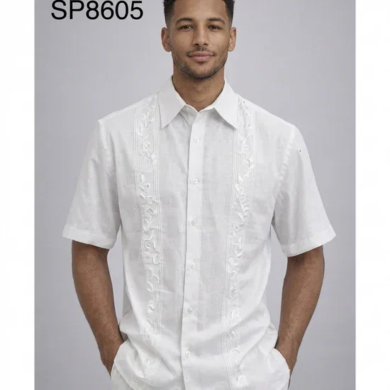 Men’s White Embroidered Walking Suit Set – 2 Piece Short Sleeve Casual Outfit