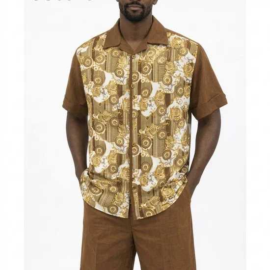 Men’s Brown Baroque Print Short Set – 2 Piece Casual Summer Outfit