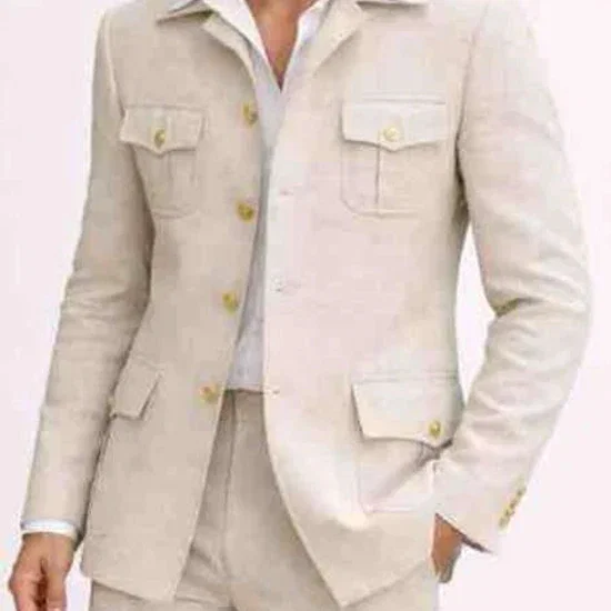 Mens Tan Beige Safari Military Walking Suit Set – Casual Two Piece Outfit Lightweight Summer Blazer and Pants Set Classic Casual Wear