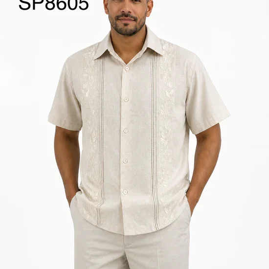 Men’s Stone Beige Embroidered Walking Suit Set – 2 Piece Short Sleeve Casual Outfit